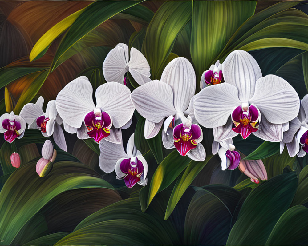 White Orchids with Purple Centers Against Green Leaves and Light Play