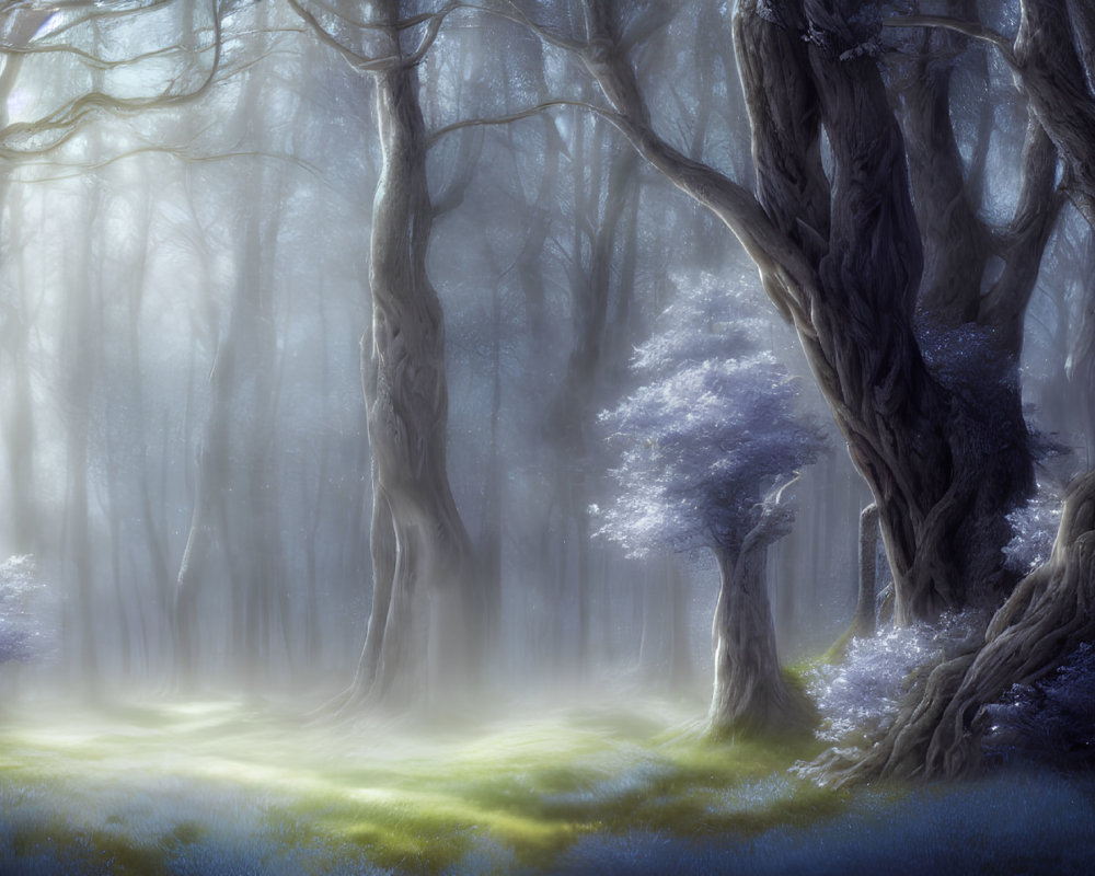 Mystical forest scene with twisted trees and purple foliage