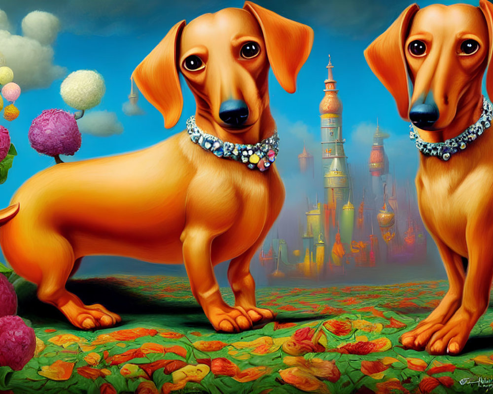 Cartoon dachshunds in fantasy landscape with sparkling collars