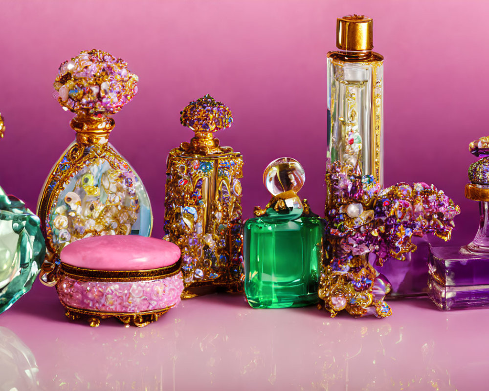 Colorful Ornate Perfume Bottles with Jeweled Designs on Pink Background