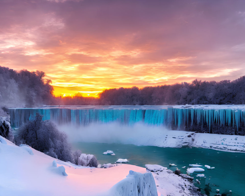 Snowy Waterfall Sunset: Orange, Pink, and Purple Sky