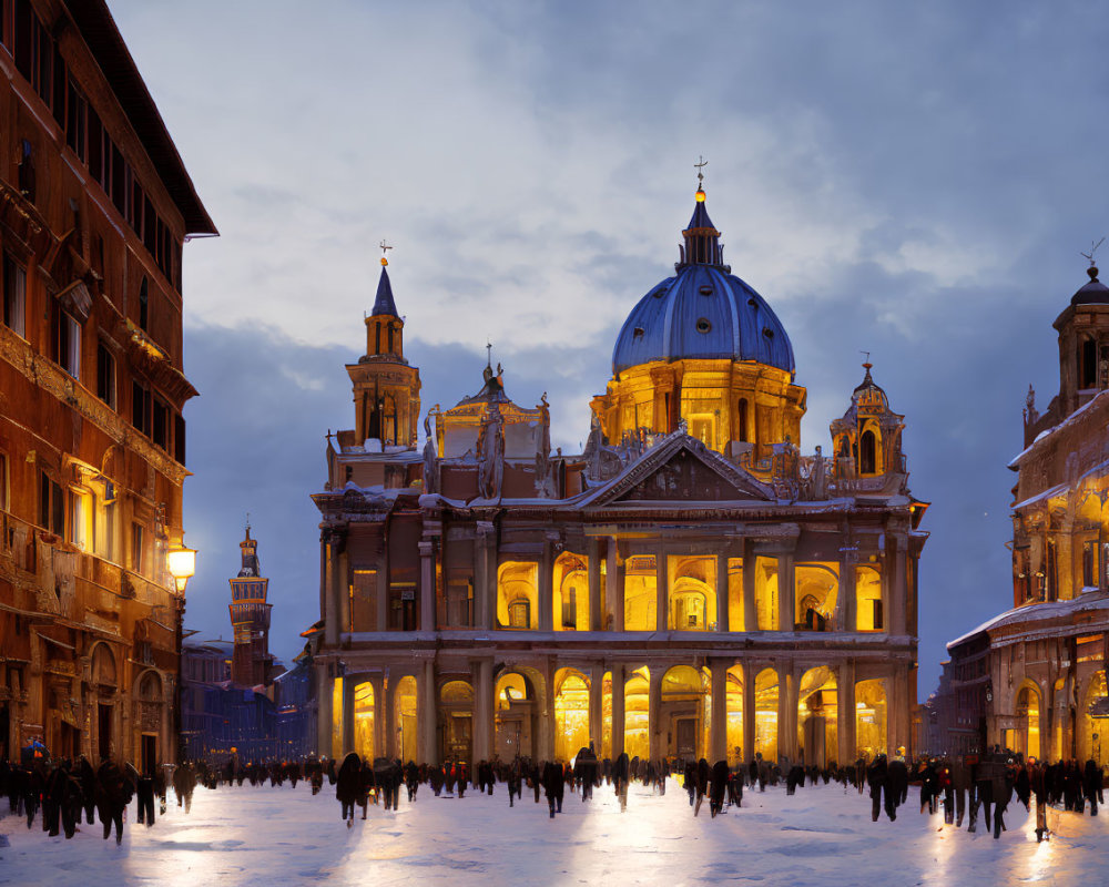 Baroque church facade at twilight with silhouetted people on square