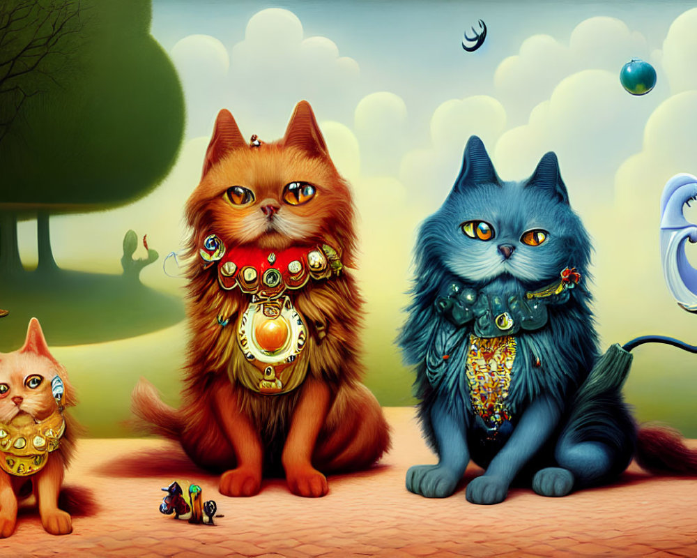 Vibrantly colored cats with elaborate jewelry in surreal landscape