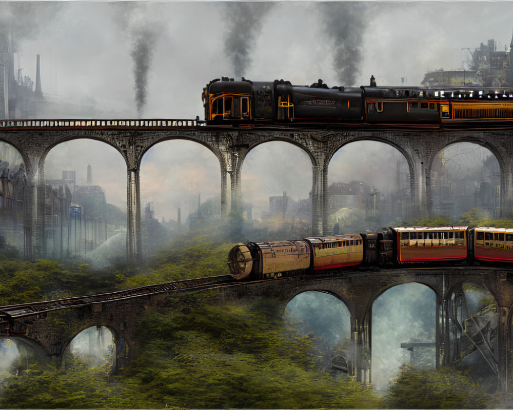 Steam train on double-arched bridge with industrial backdrop