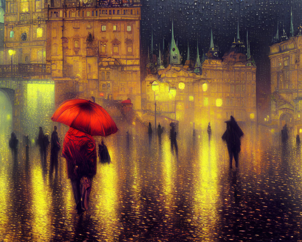 Rainy cobblestone square with streetlights, silhouettes of people and red umbrella.