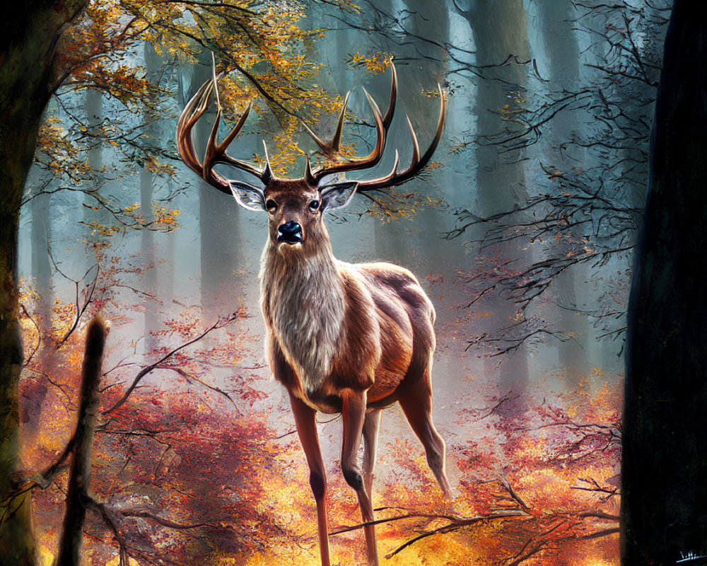 Majestic stag with impressive antlers in mystical forest setting