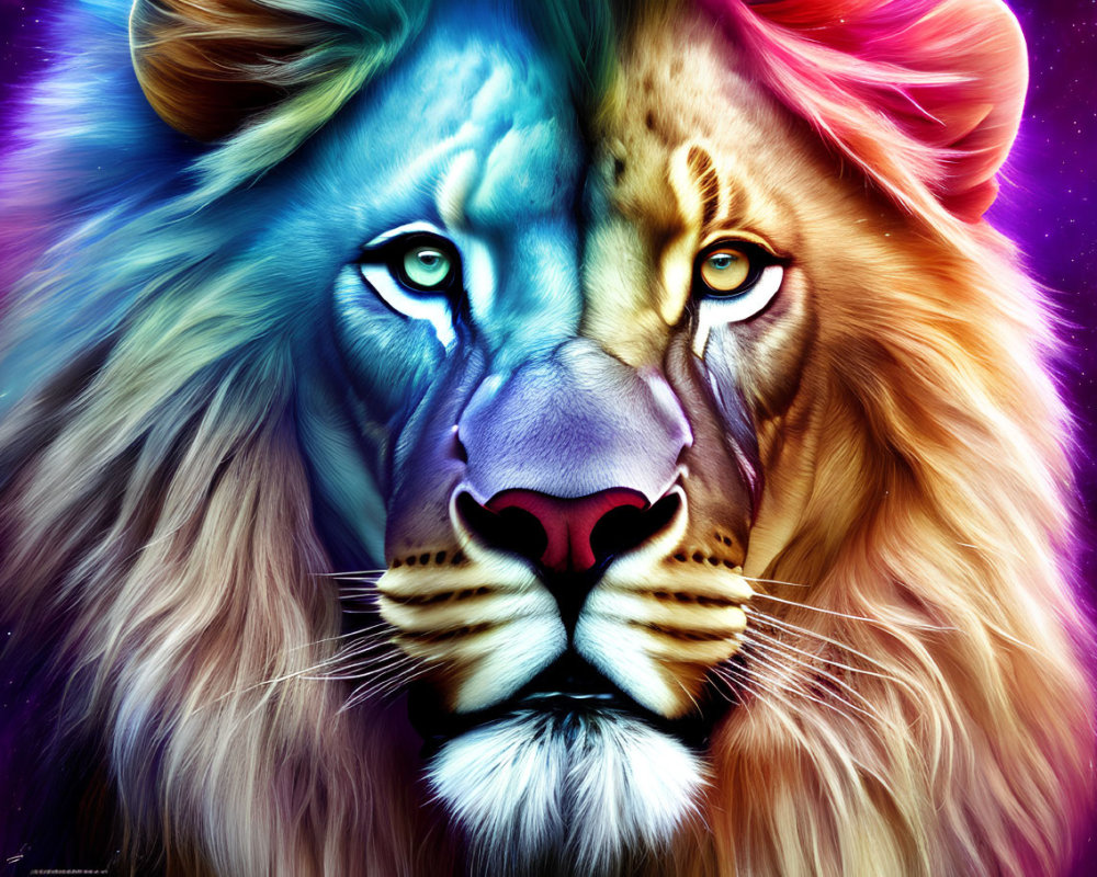 Multicolored mane lion digital artwork with blue-tinted face