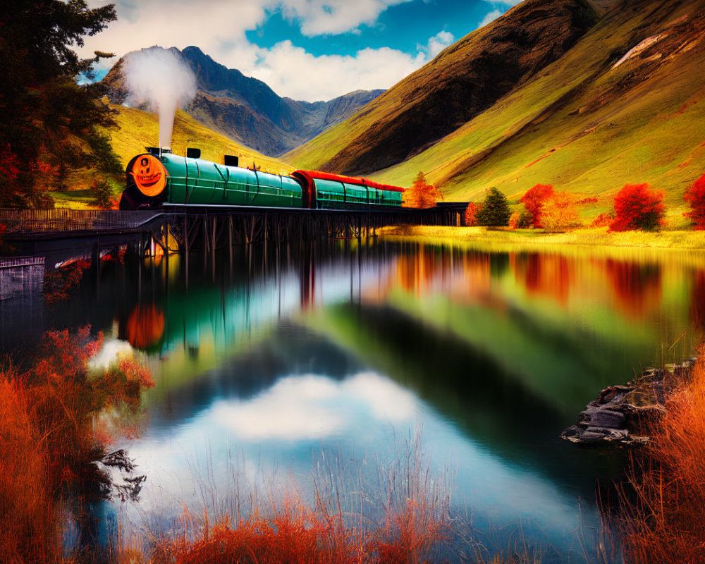 Vintage steam train crossing serene lake with autumn foliage and rolling hills