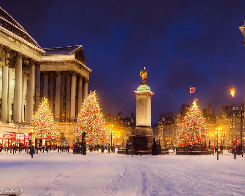 Snow-covered square with Christmas trees, statue, and classical buildings at twilight