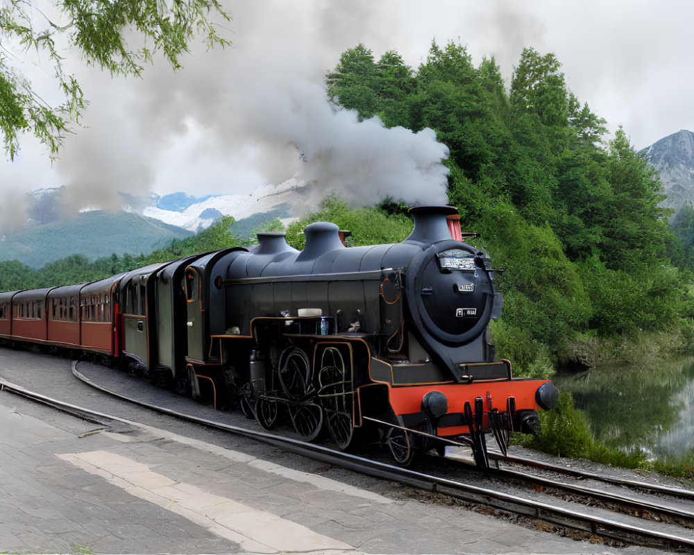 Vintage Steam Locomotive Pulling Red Carriages Along River Tracks