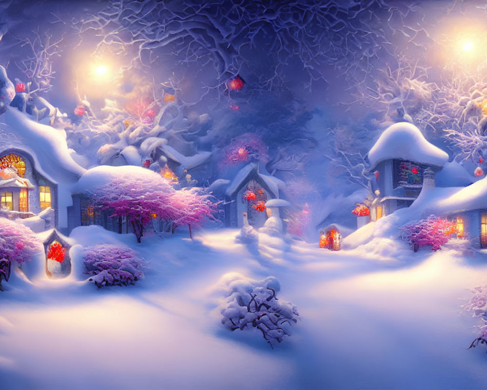 Snow-covered cottages, glowing lanterns, and snowy trees in a magical winter twilight.