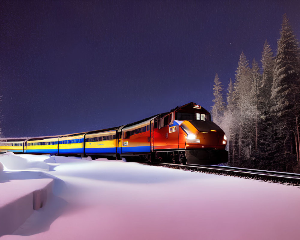 Bright headlamp train in snowy night landscape