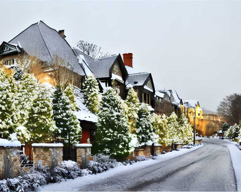 Snow-covered street with traditional stone houses and warm lights at dusk