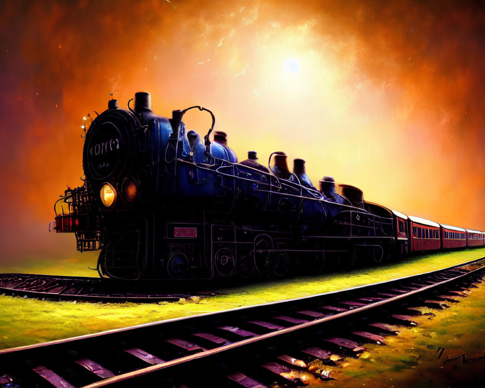 Vintage steam locomotive pulling red passenger cars on tracks under dramatic sky