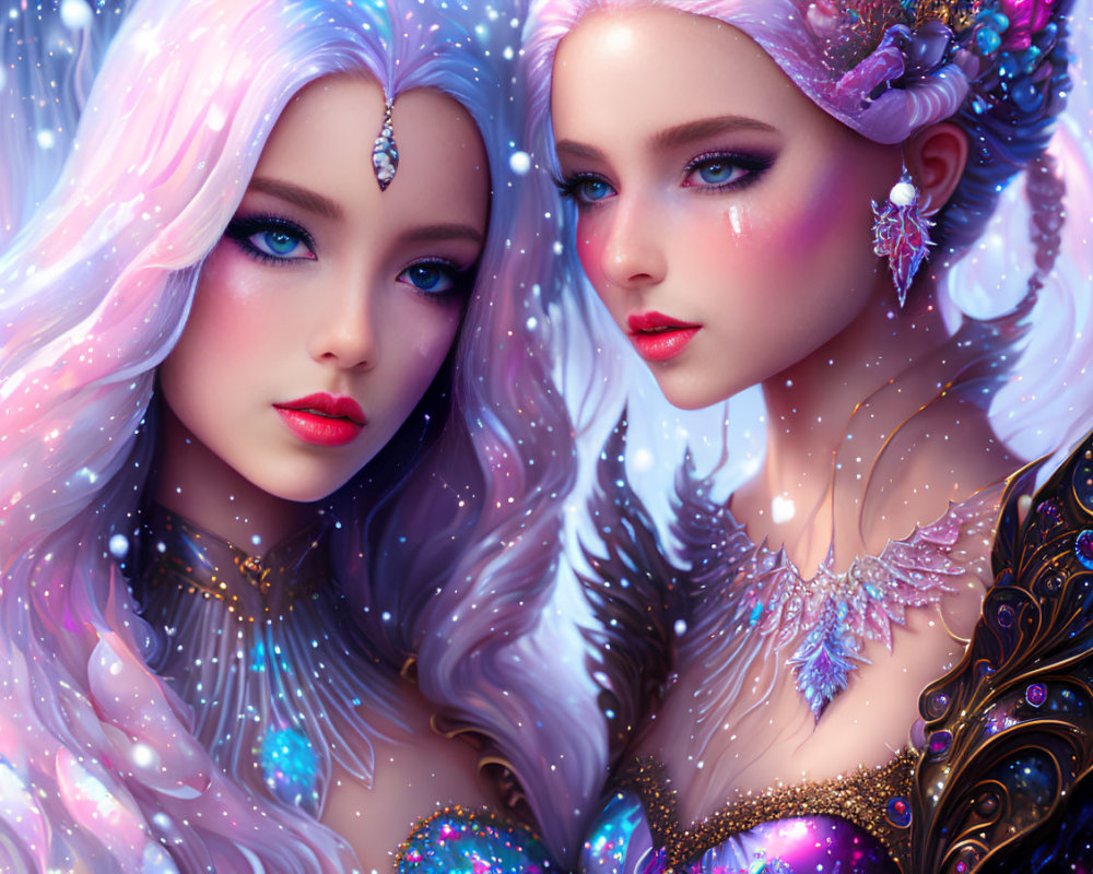 Fantasy women in ethereal attire with elaborate hairstyles.