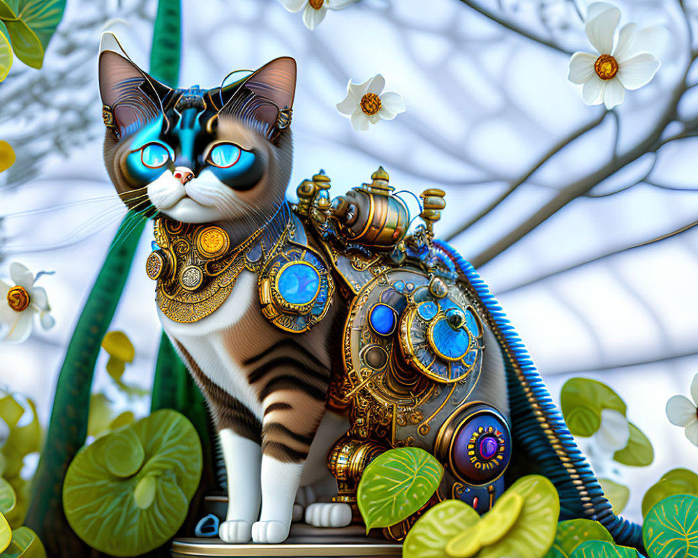 Mechanical steampunk-style cat with gear and clockwork details in lush floral setting