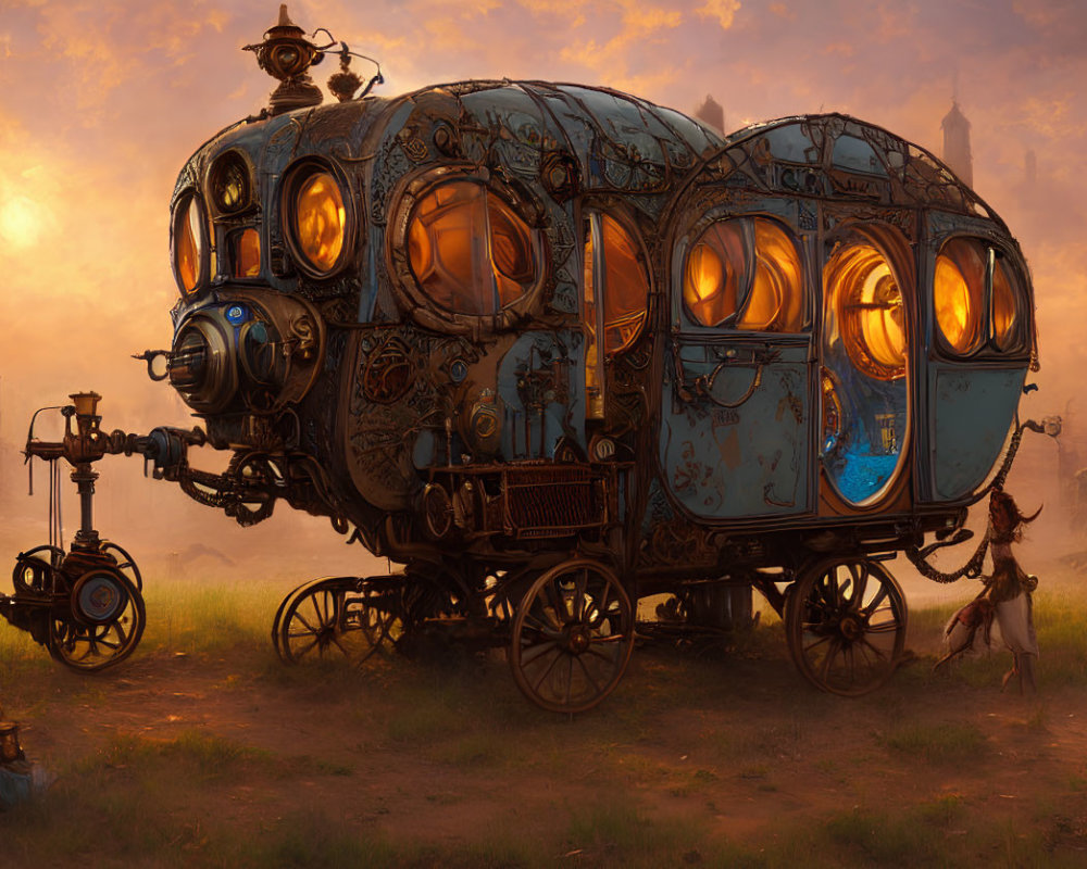 Steampunk-style caravan in dusk-lit landscape with glowing windows