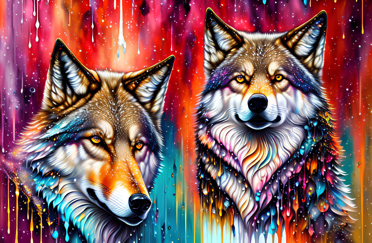 Colorful digital artwork featuring two wolves with multi-colored fur on a vibrant backdrop.