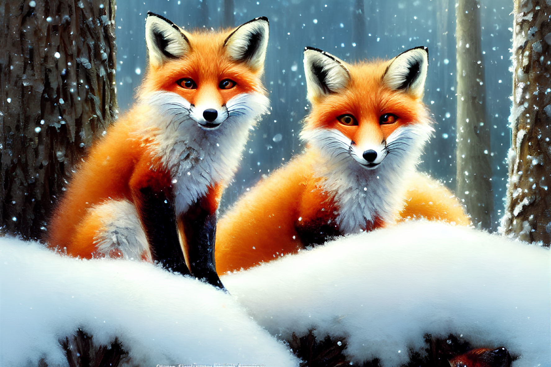 Vividly Colored Foxes in Snowy Forest with Falling Snowflakes