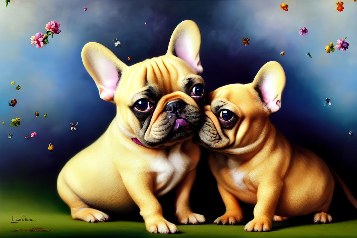 Two French Bulldogs Sitting Together in Colorful Setting