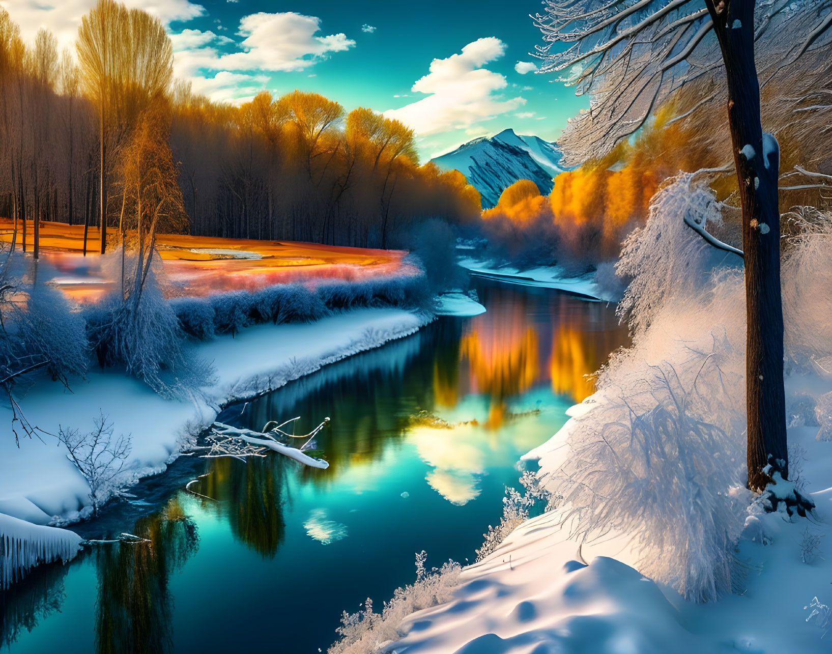 Snowy riverbank at sunset with autumn trees and distant mountain