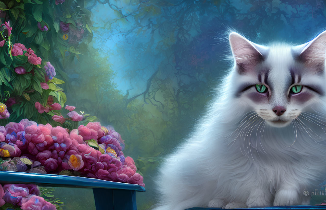 White Cat with Green Eyes Beside Colorful Flowers in Mystical Forest