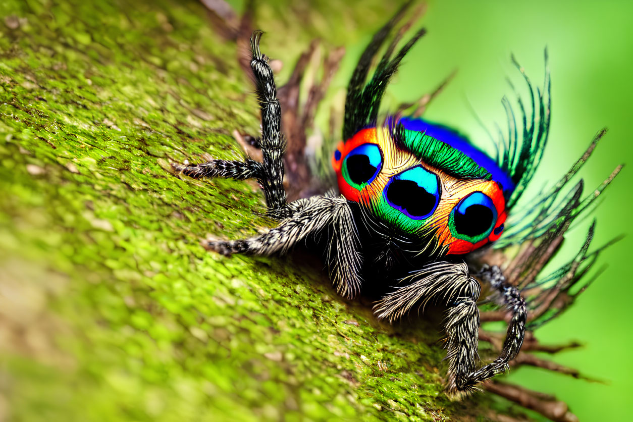 Vibrant peacock spider with blue, red, and black patterns on mossy branch