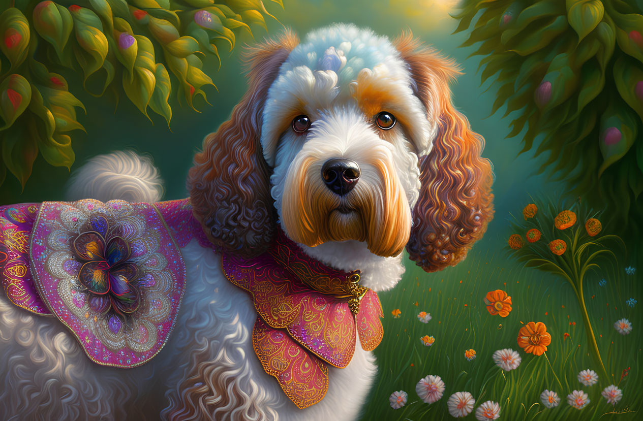 Illustrated dog with expressive eyes in decorative cape among greenery