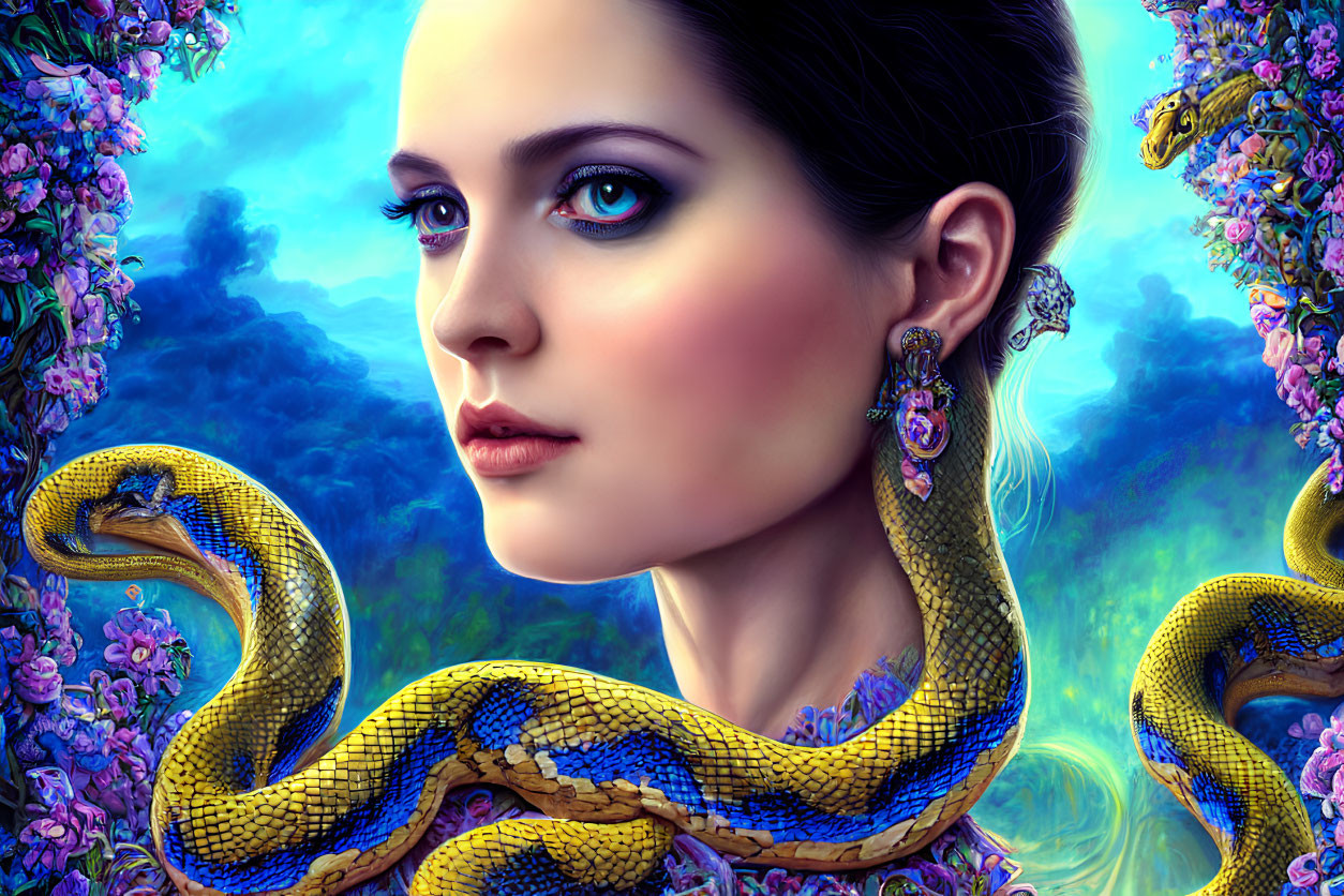 Digital Artwork: Woman with Blue Eyes, Snakes, and Purple Flowers