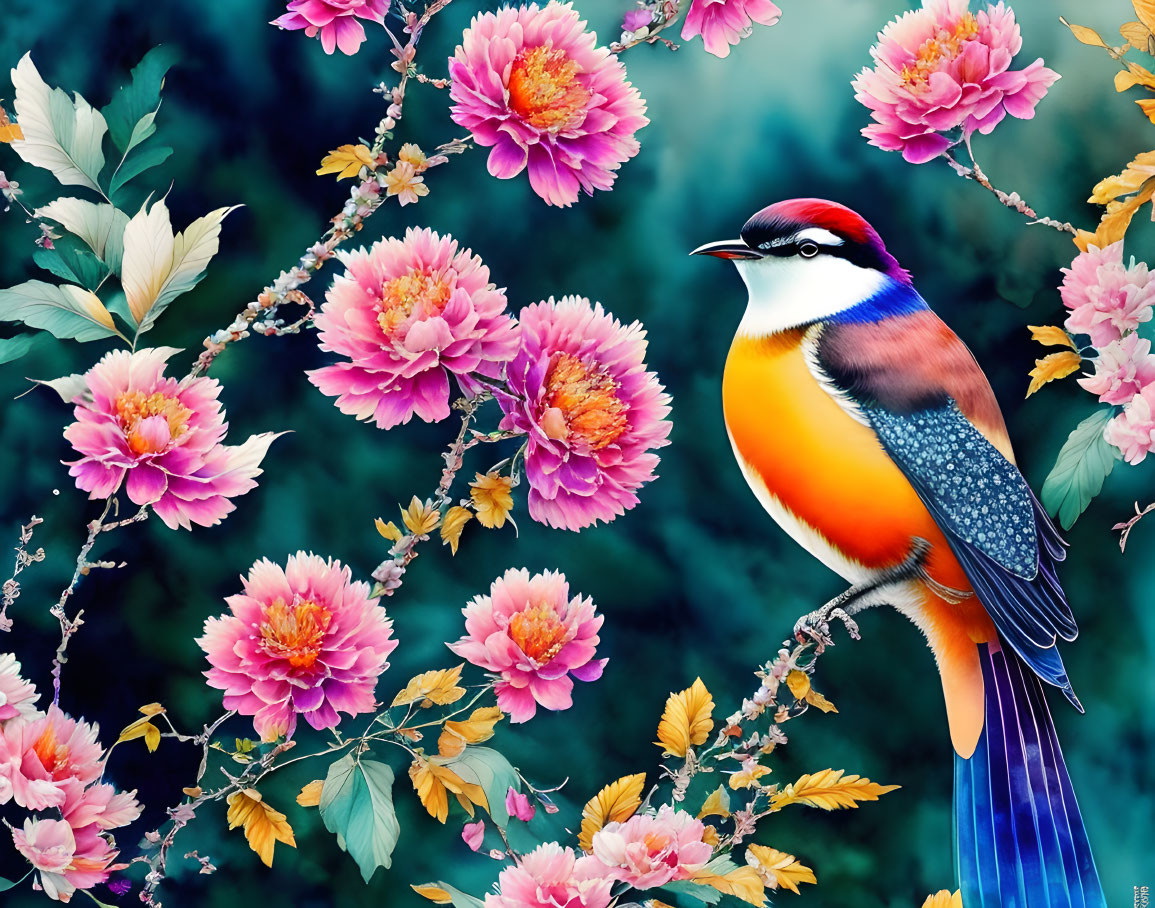 Colorful Bird Perched on Branch with Pink Peonies