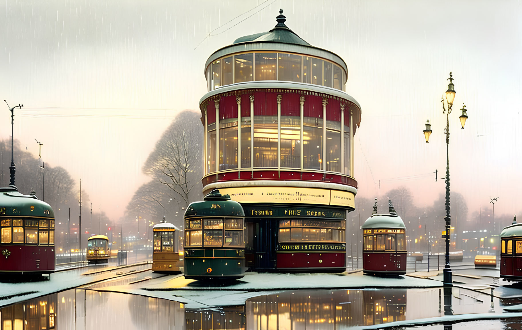 Vintage trams encircle illuminated building in snowy urban scene