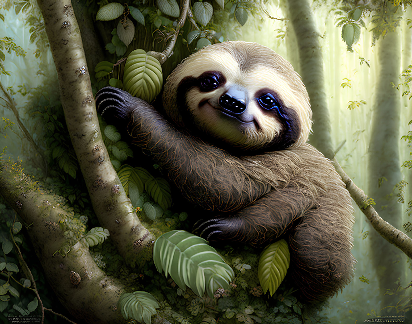 Smiling sloth hanging from lush forest tree branch