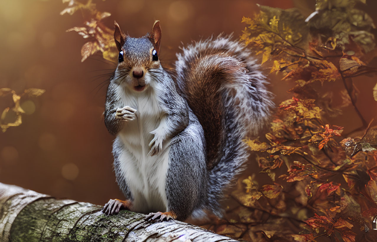 Squirrel on tree branch surrounded by autumn leaves