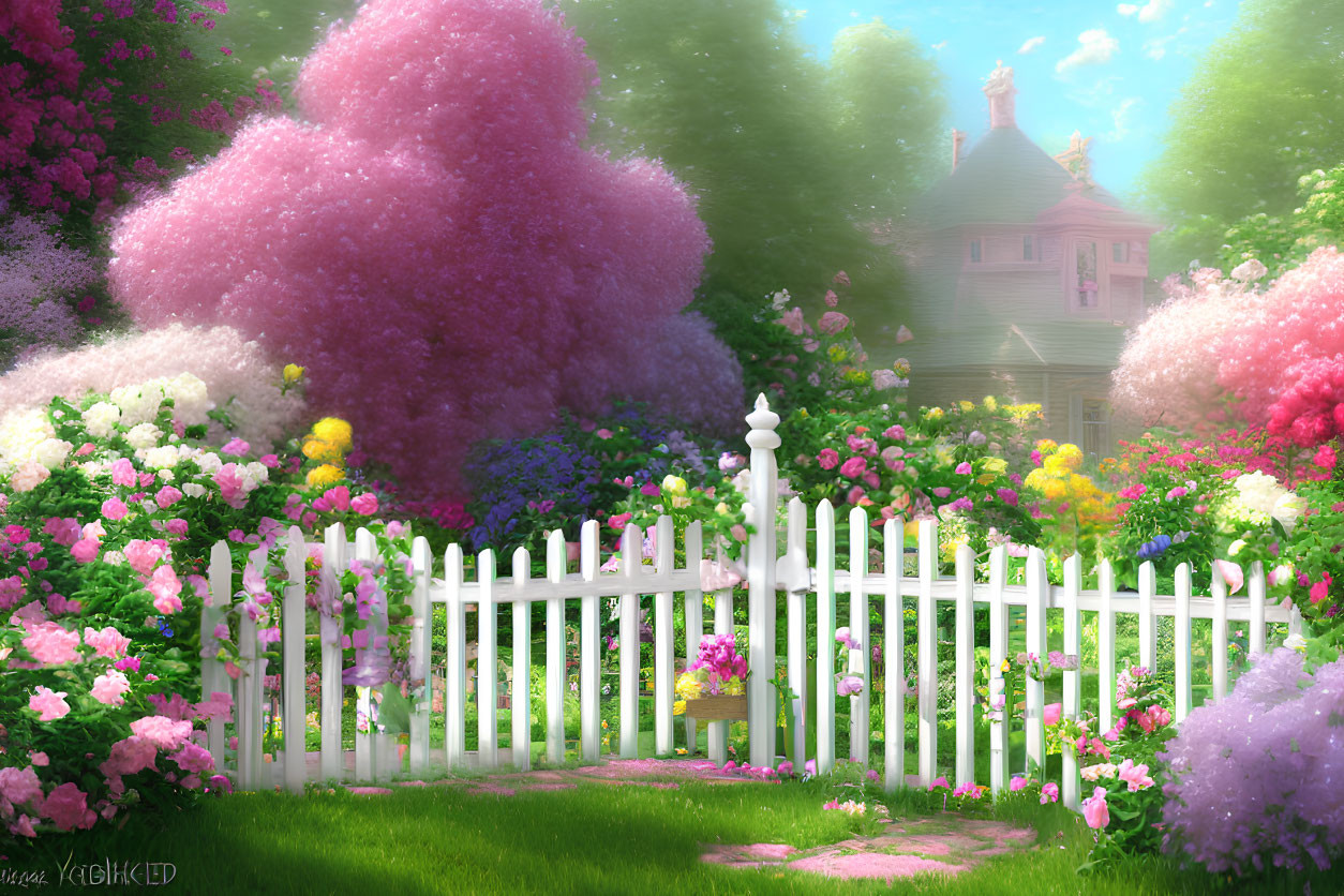 Lush flower garden with white picket fence and whimsical house in sunlit setting