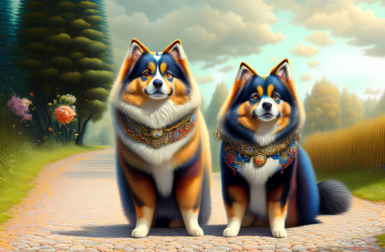 Regal dogs with ornate collars in colorful landscape