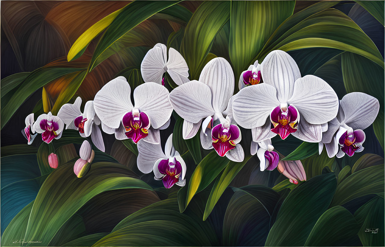 White Orchids with Purple Centers Against Green Leaves and Light Play