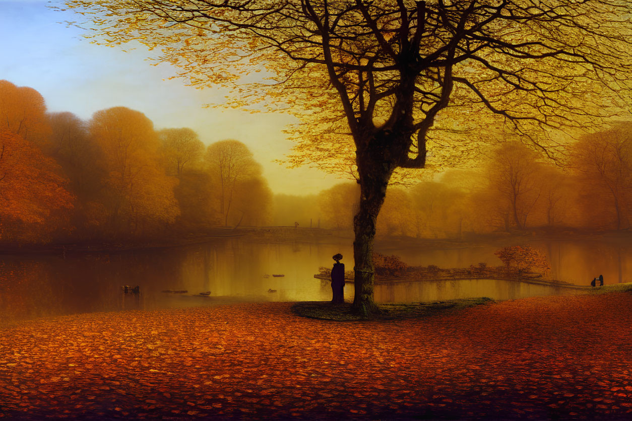 Tranquil autumn landscape with person by tree and lake