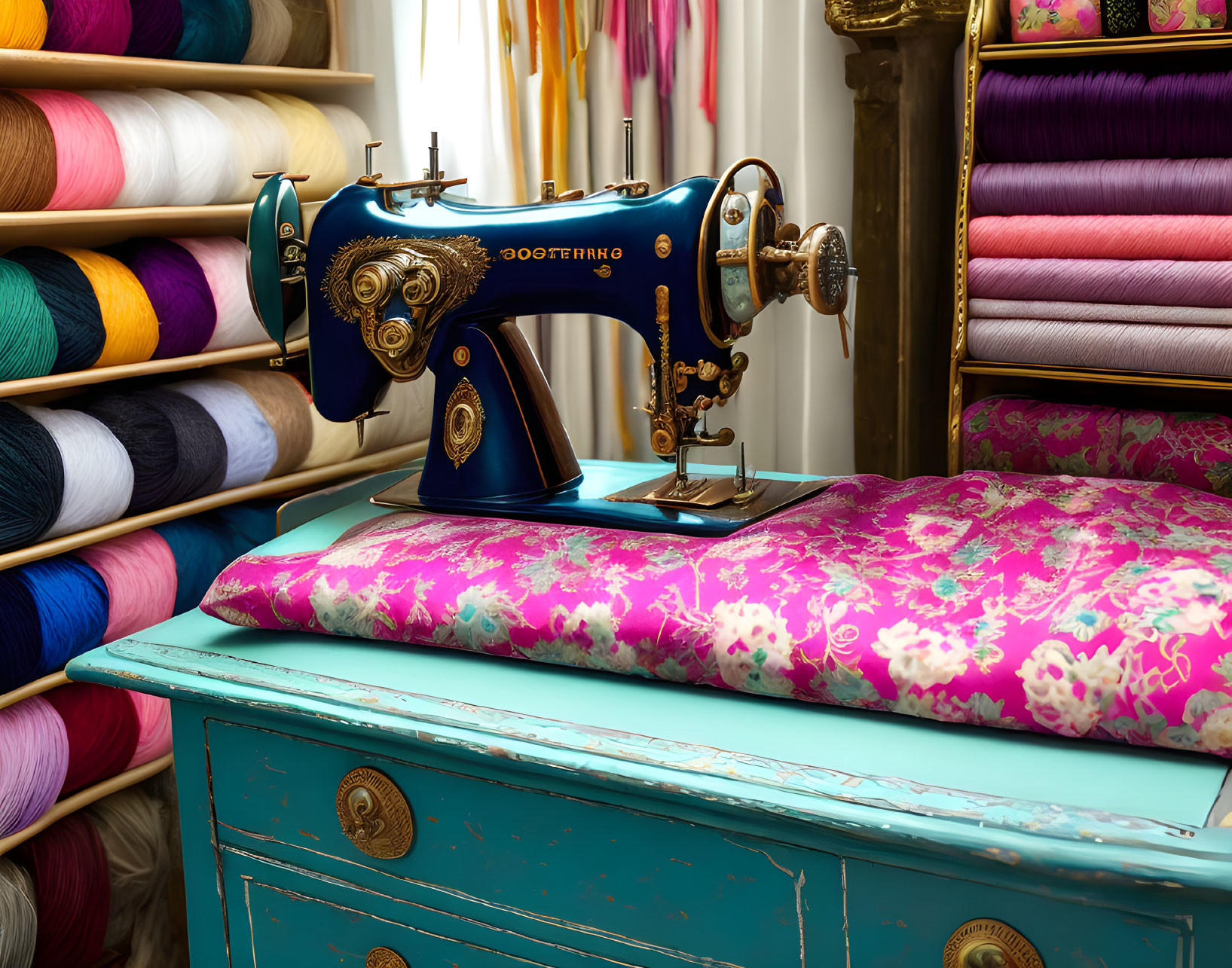 Vintage Blue Sewing Machine on Teal Table with Colorful Thread and Fabric Shelves