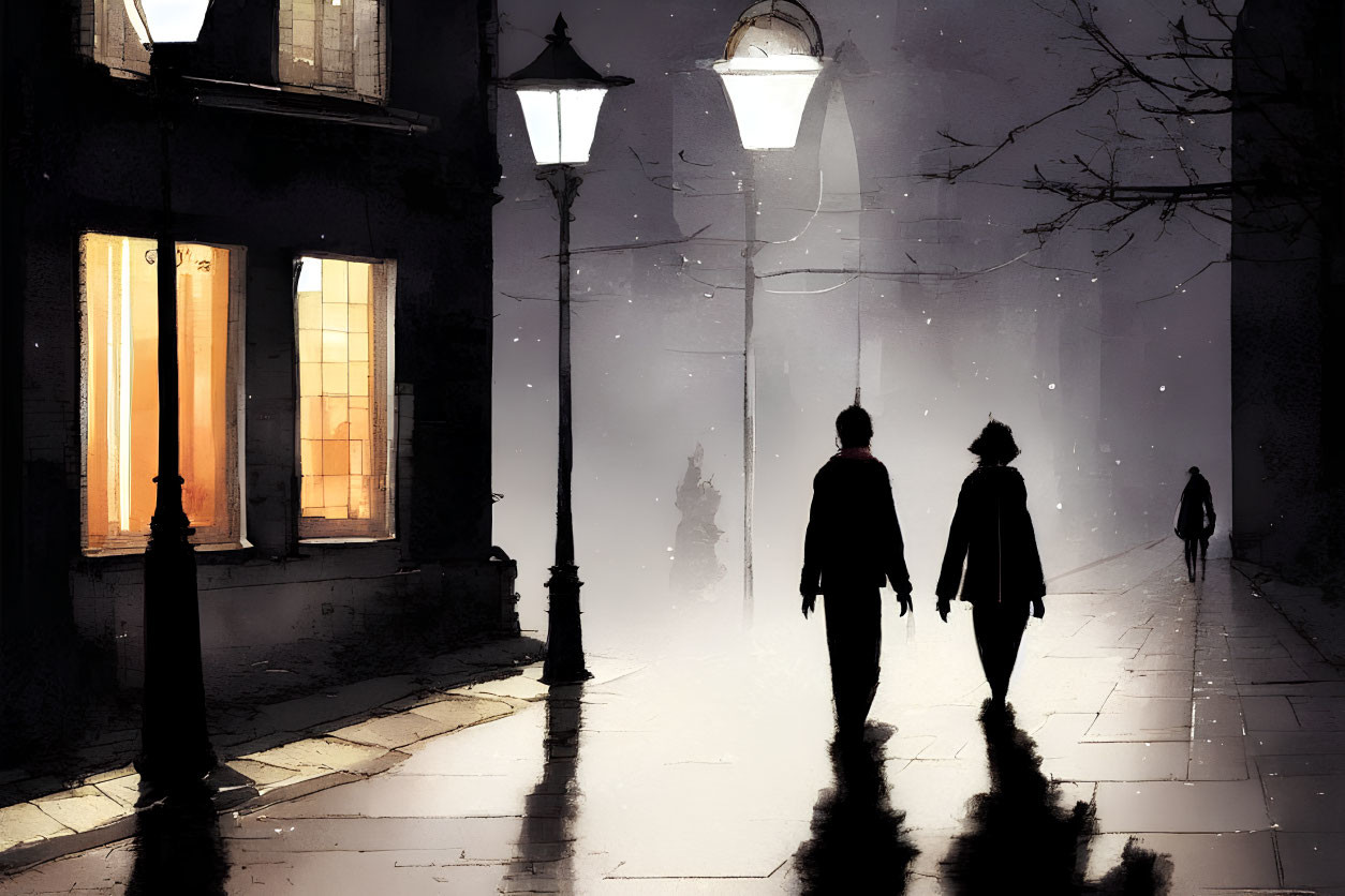 Couple walking on foggy, lamp-lit street at night with warm window glow.