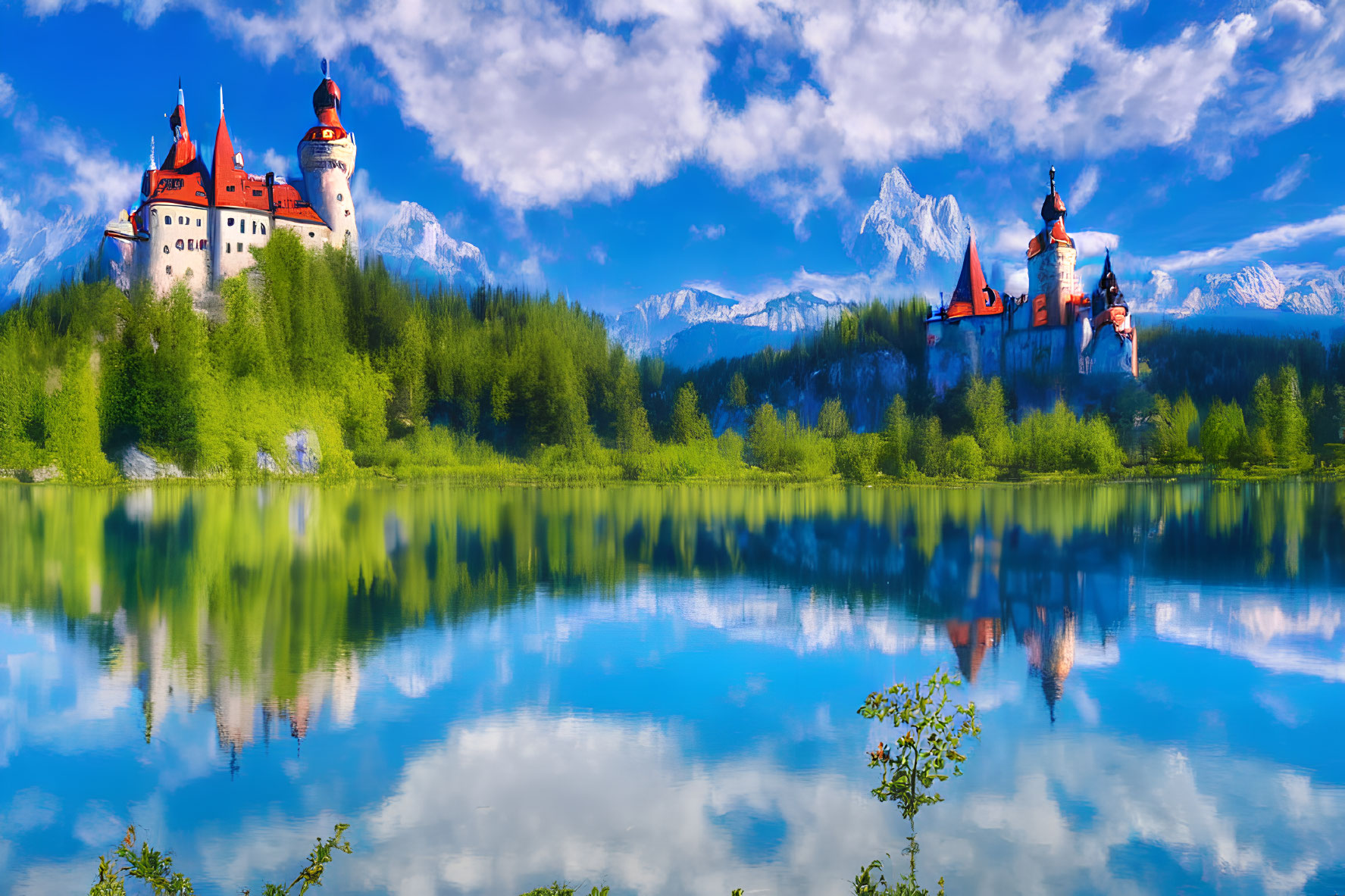 Castle with Red Roofs by Lake, Snowy Mountains Skyline