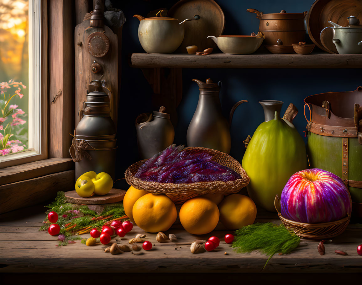 Rustic still-life with fruits, nuts, pottery on wooden table by window.