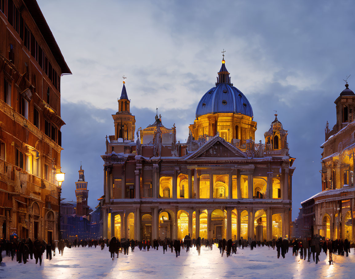 Baroque church facade at twilight with silhouetted people on square