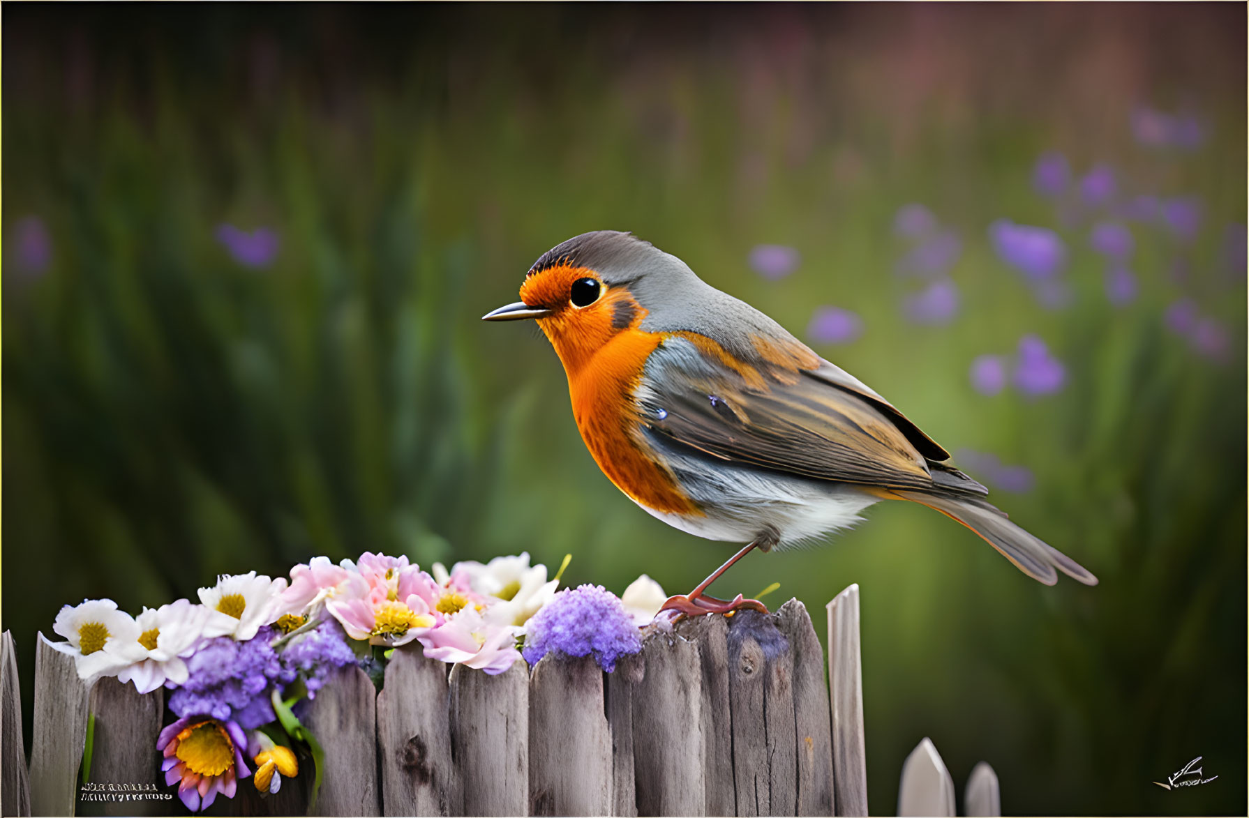 Colorful Robin Perched on Wooden Fence with Flowers