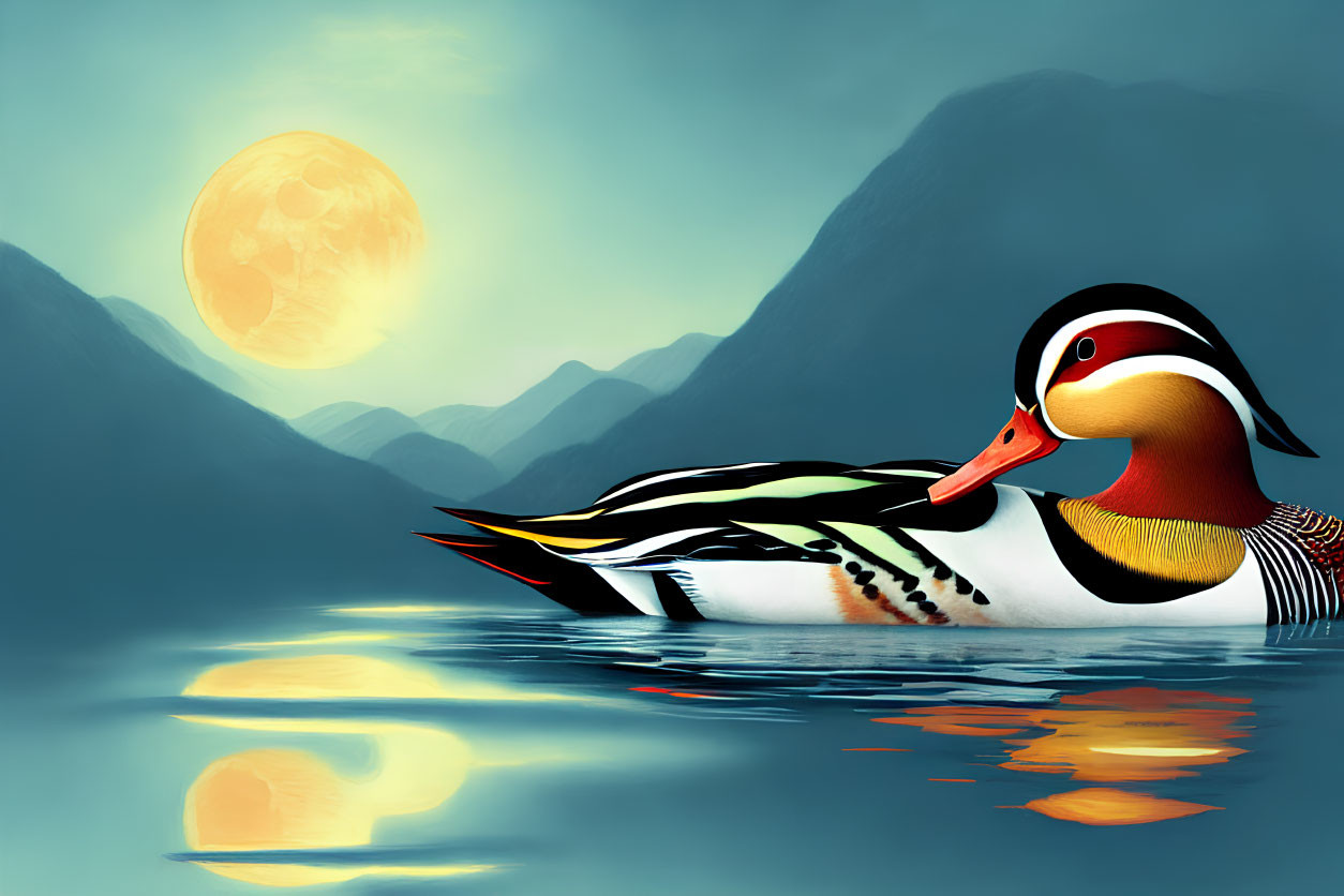 Colorful Wood Duck Swimming in Calm Waters with Moonrise and Misty Mountains