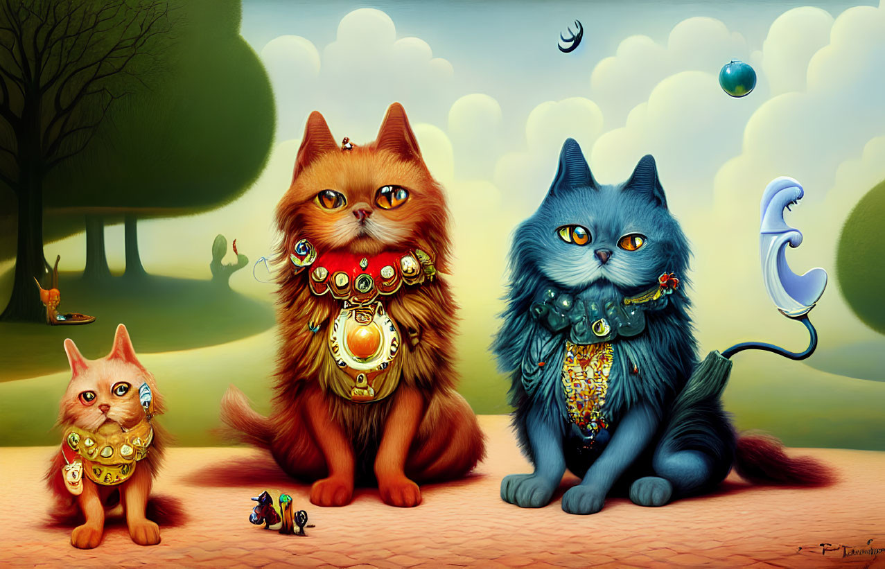 Vibrantly colored cats with elaborate jewelry in surreal landscape