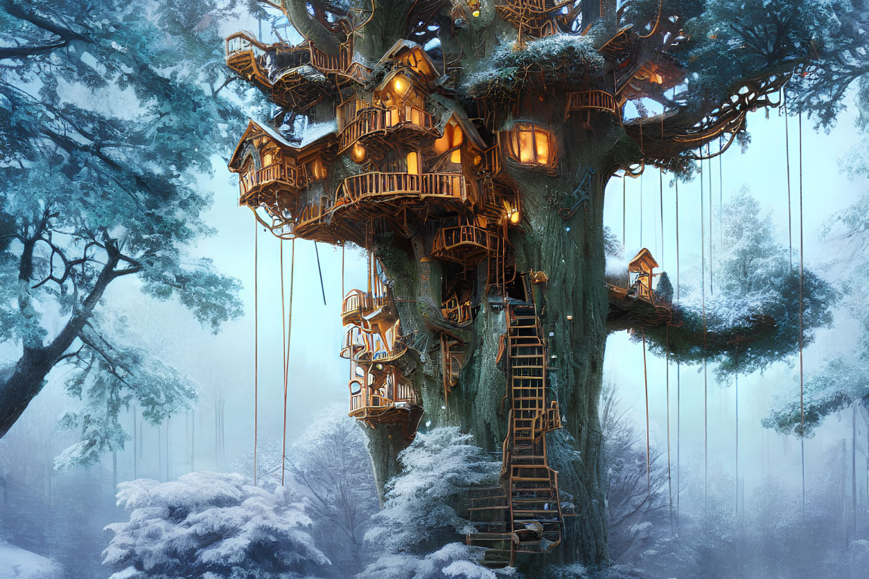 Snowy forest treehouse with multiple levels and suspended walkways