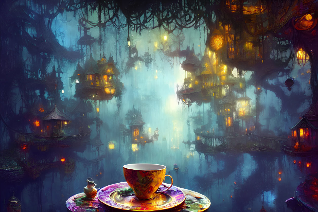 Mystical lantern-lit treehouses reflected in water with ornate teacup