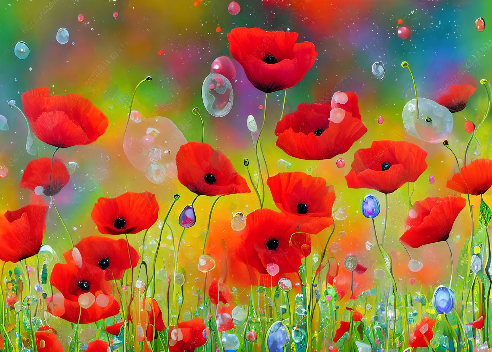 Colorful Galaxy-Inspired Backdrop with Vibrant Red Poppies and Floating Bubbles