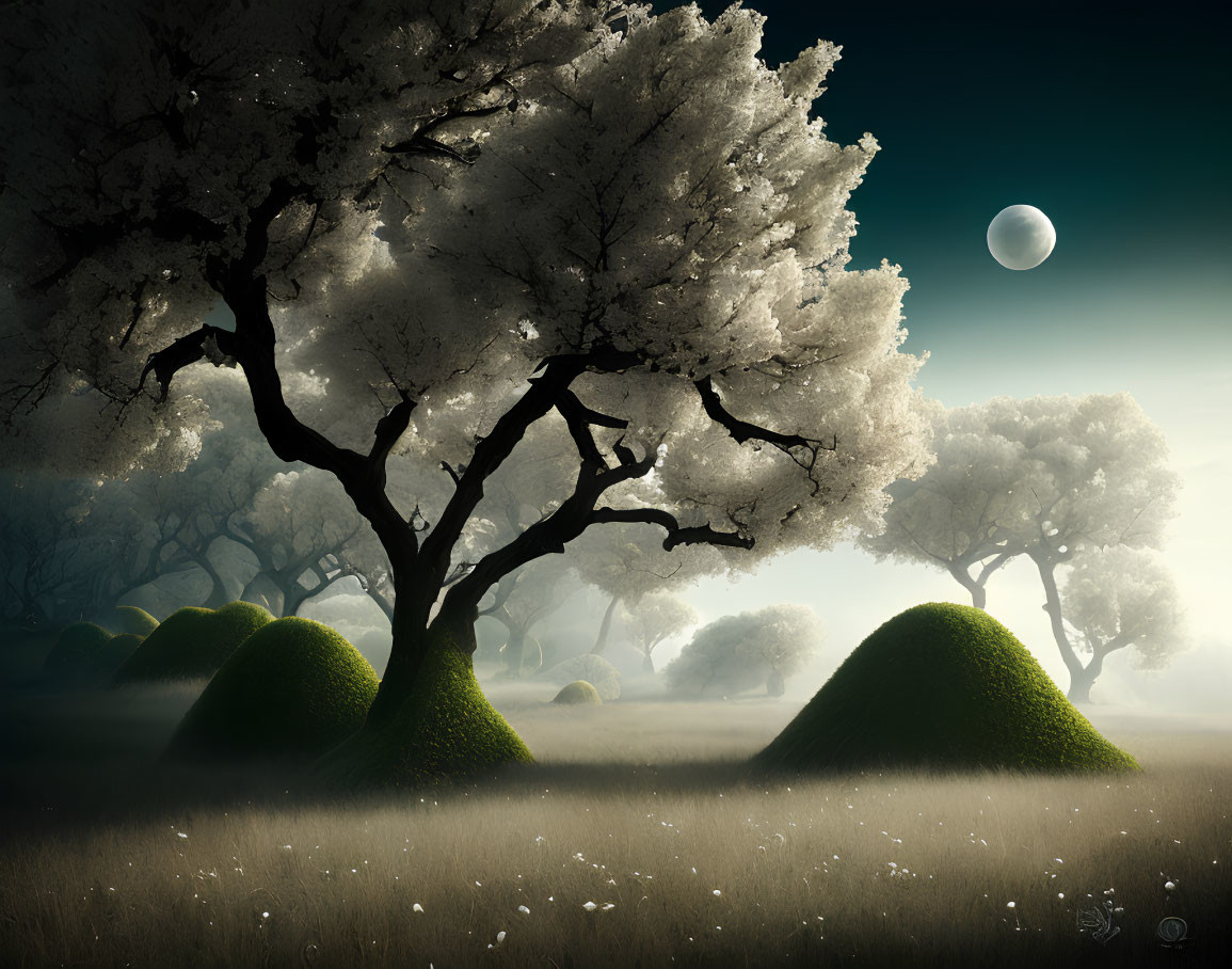 Full Moon Over Mystical Flowering Forest and Lush Hills