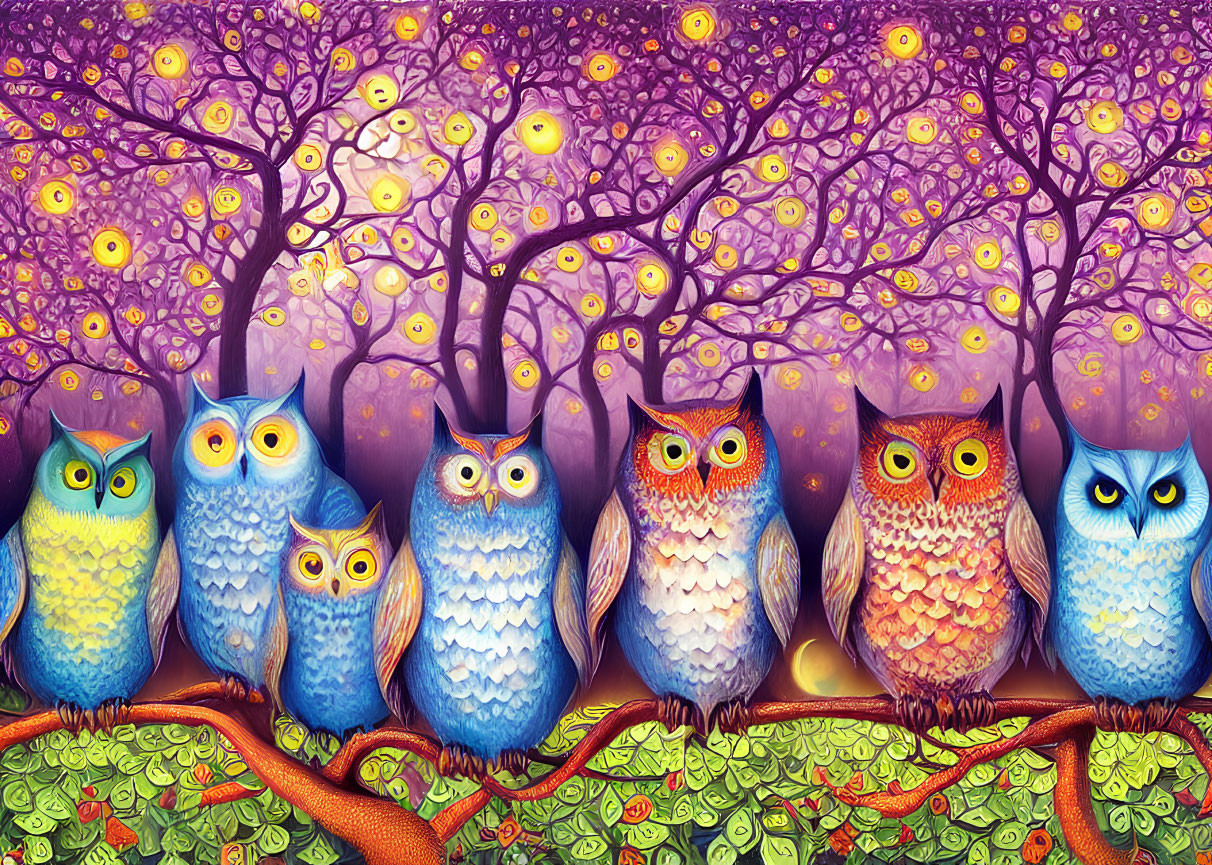 Vibrant owl illustration on branch with purple trees